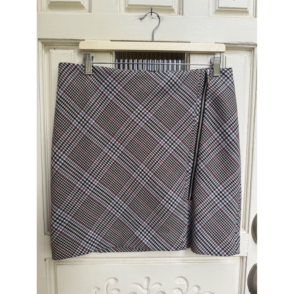 White House Black Market Plaid Zip Mini Skirt Womens Black Blue Burgundy Size 8